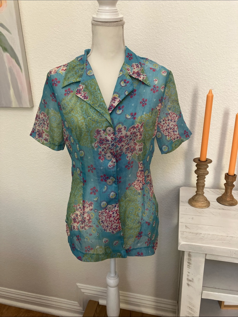 Vintage Y2K Women's Teal Floral Paisley Button-Down Blouse